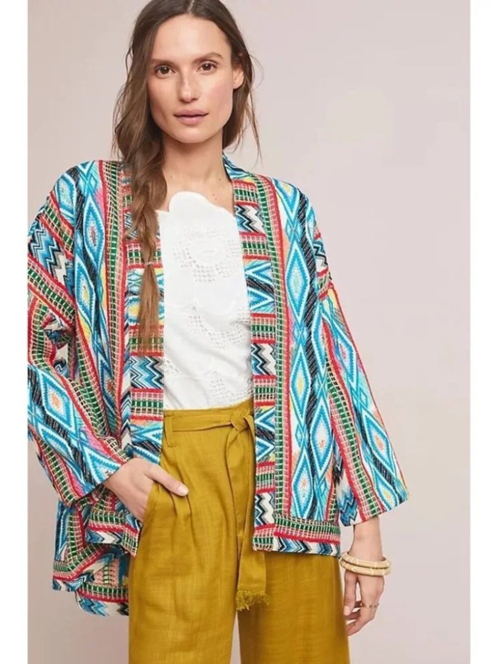 DRA Anthropologie Colorful Aztec Open Cardigan Jacket - Multicolor